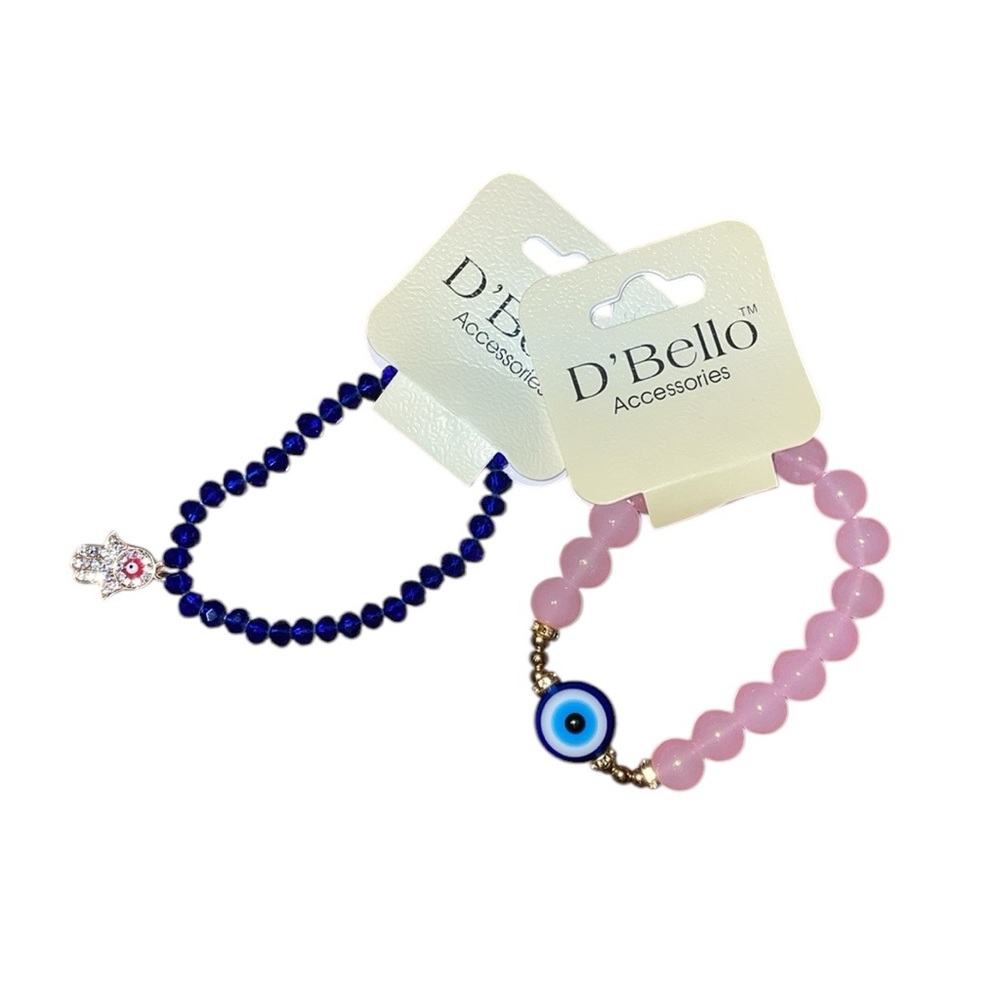 •D'BELLO•NWT PINK & BLUE BUNDLE OF 2- BOHO STACK HAMAS EVIL EYE BEADED BRACELETS